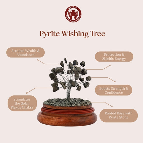 Pyrite wishing tree with features and benefits on a beige background